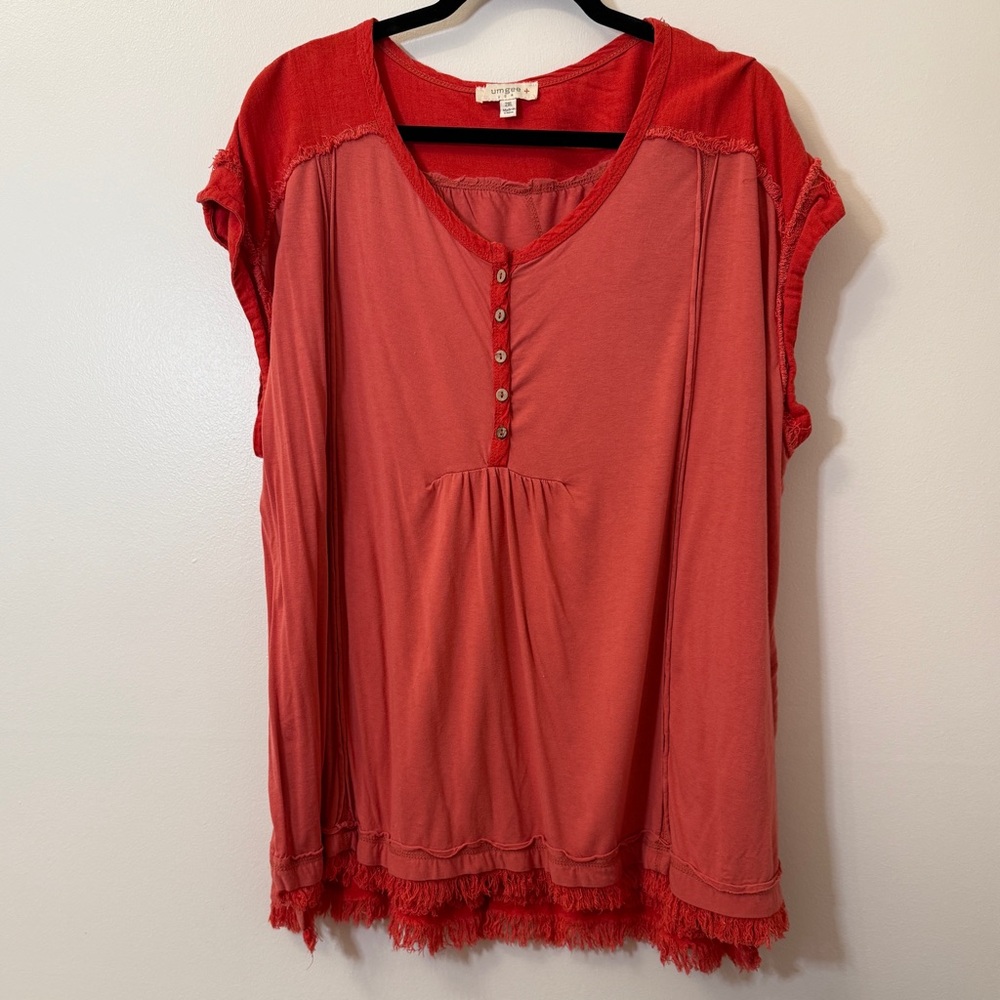 Umgee USA Red Linen Blend Mixed Media Fringe Henley Tunic Top Plus Size 2XL